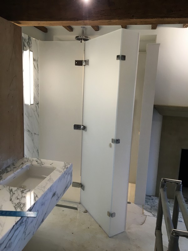 Bespoke frosted glass shower enclosure in Catford luxury bathroom